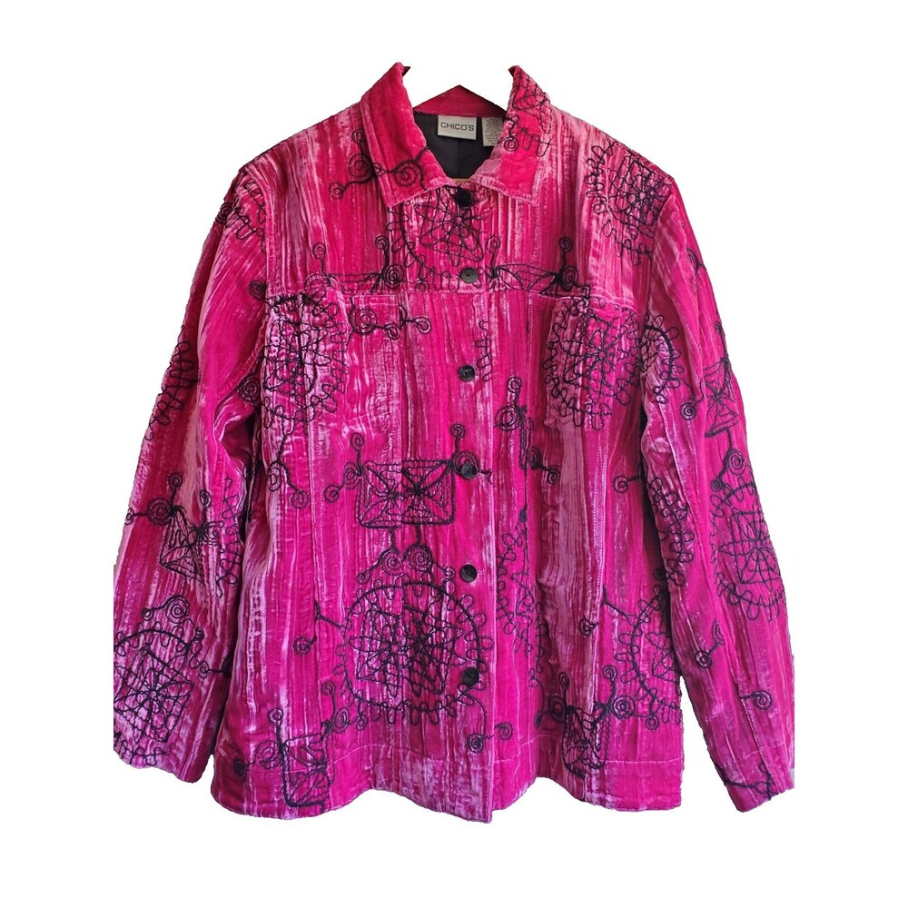 Chicos Size 1 Fuchsia Textured Jacket Black Abstract Embroidery Artsy Boutique 8